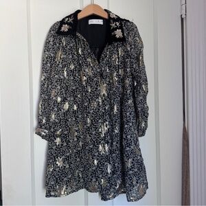 Zara Girls Dress Black Gold Metallic Embroidery Floral Velour Collar size 7